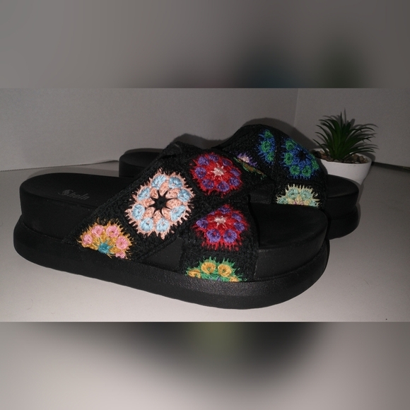Y2K 90's Chunky Platform Floral Crochet Retro Vintage Sandals. Size 6 - Picture 3 of 10